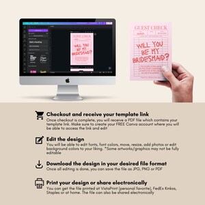 May include: A digital design template for a bridesmaid proposal card. The card is styled like a guest check with the text "Will you be my bridesmaid?" in pink and black lettering.