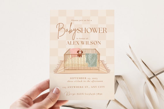 Gender Neutral Baby Shower Invitation Template, Modern Retro Neutral Baby Shower, Simple Minimal, Editable with Canva, Instant Download