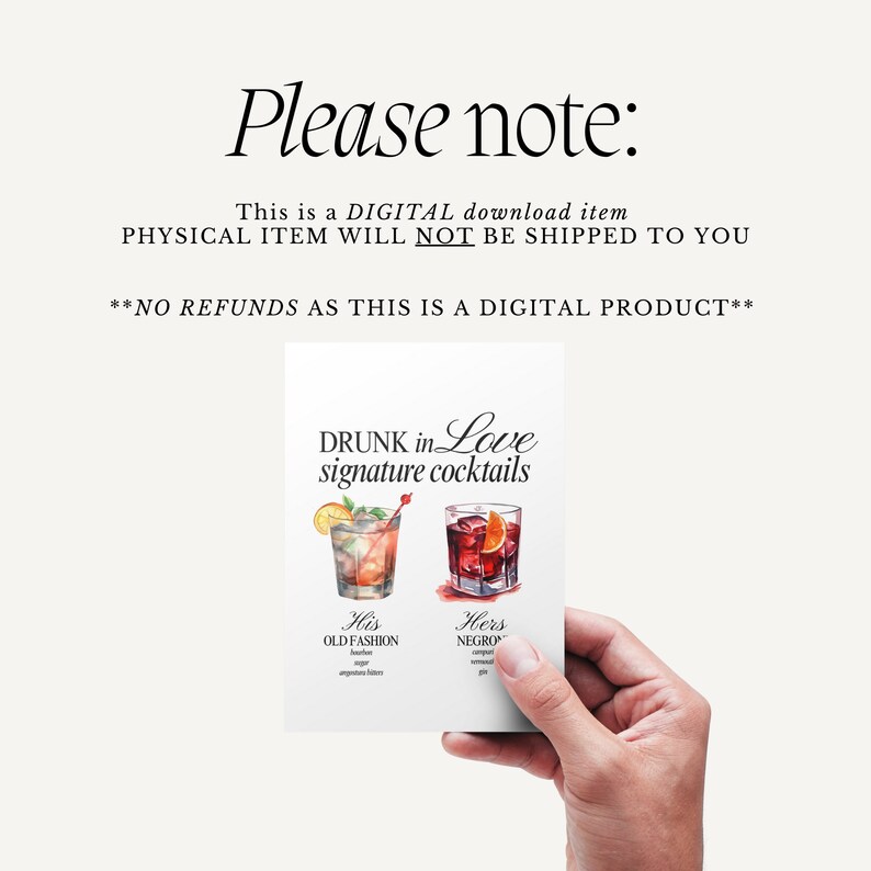 May include: A printable digital download for a wedding or engagement party. The design features two cocktails, one labeled "His Old Fashion" and the other labeled "Hers Negroni", with the text "Drunk in Love Signature Cocktails".
