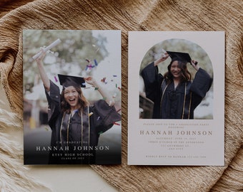 Graduation Party Invitation Template Card, Boho Graduation Announcement, Editable 2023 Grad Arch Photo Card, Modern Graduation Card