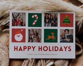 Photo Christmas Card Template, Family Photo Collage Holiday Template, Printable Personalized Modern Holiday Card, Editable with Canva