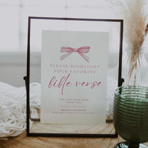 Pink Bow Bible Verse Graduation Sign, Highlight Your Favorite Bible Verse, Editable Coquette Grad Sign, Bible Guestbook, Grad Party Decor