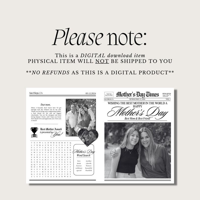 Puede incluir: Un dise&ntilde;o de peri&oacute;dico para el D&iacute;a de la Madre en blanco y negro imprimible con un crucigrama de palabras y una foto de dos mujeres. El titular dice "Mother's Day Times" y "Wishing the best mother in the world a happy Mother's Day".