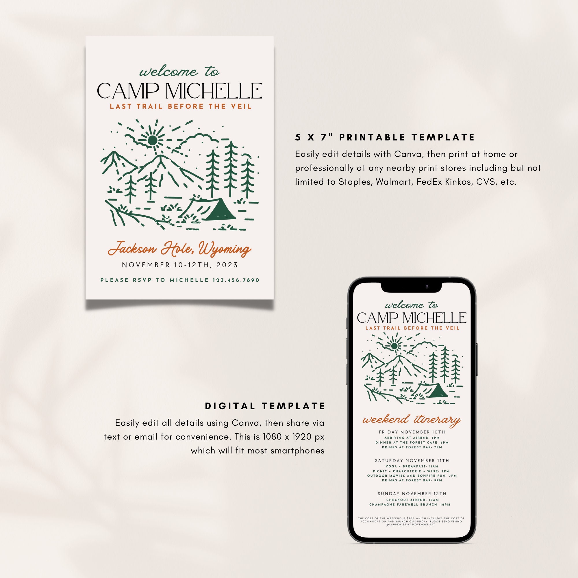 Camp Bachelorette Party Invitation Template, Digital Hiking Hen Party ...