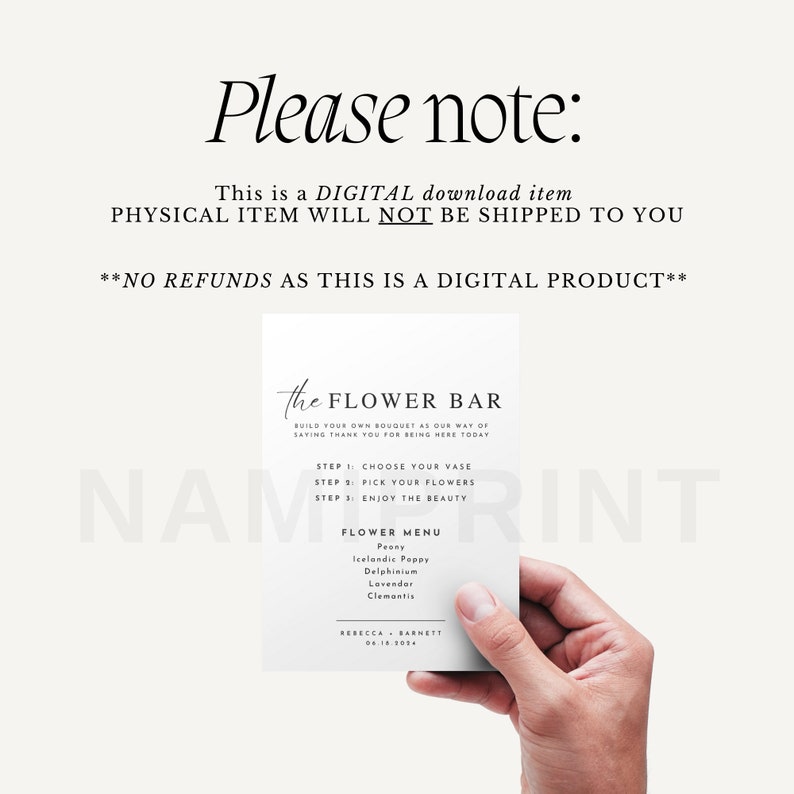 May include: Printable digital download for a flower bar at a wedding or event. The text reads "The Flower Bar" and includes instructions for guests to build their own bouquets. The flower menu includes Peony, Icelandic Poppy, Delphinium, Lavender, and Clematis.