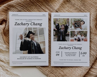 Modello moderno di biglietto fotografico di laurea, invito alla festa di laurea, biglietto di annuncio di laurea senior 2024 modificabile, laureato universitario