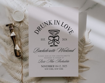 Drunk in Love Bachelorette Party Invitation Template, Editable Minimalist Bach Weekend Invitation, Drunk in Love Hen Party Travel Itinerary