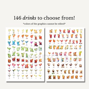May include: A digital illustration of 146 different watercolor-style drinks in glasses. The drinks are arranged in rows and columns on a white background. The text "146 drinks to choose from!" is at the top of the image. The text "*colors of the graphics cannot be edited*" is below the title.