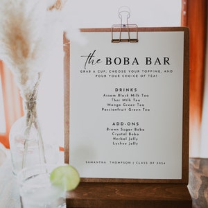 DIY Boba Bar Grad Party Schild, Minimalistische Signatur Trinkmilch Teebar Menüvorlage, bearbeitbares Bubble Tea Menü, Abschlussfeier Tischschild