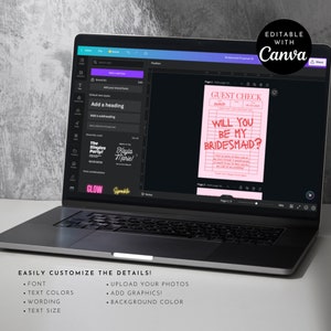 May include: A pink and red printable bridesmaid proposal card with the text "GUEST CHECK" and "WILL YOU BE MY BRIDESMAID?" on a laptop screen. The card is editable in Canva.