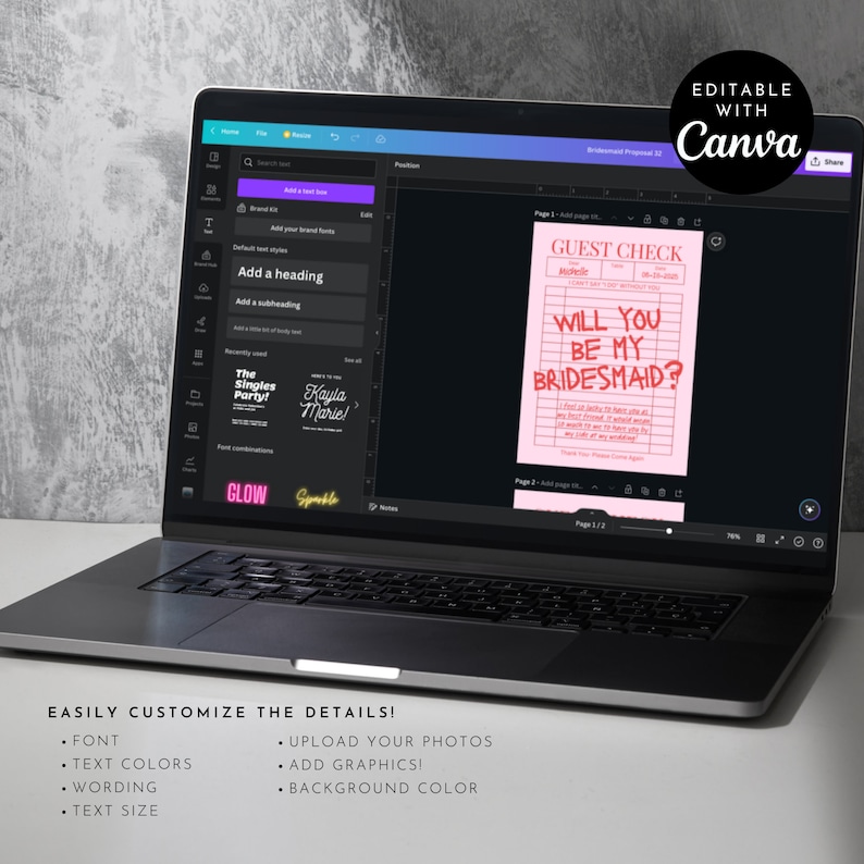 May include: A pink and red printable bridesmaid proposal card with the text "GUEST CHECK" and "WILL YOU BE MY BRIDESMAID?" on a laptop screen. The card is editable in Canva.