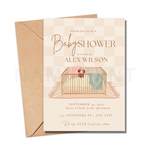 May include: A baby shower invitation with a beige and brown checkered background. The invitation features a cartoon crib with a stuffed dog and a blanket. The text reads "Please join us for a Baby Shower in honor of Alex Wilson. September 23, 2023, three o'clock in the afternoon. 123 Anywhere St., Any City. RSVP Alex (123) 456-7890."