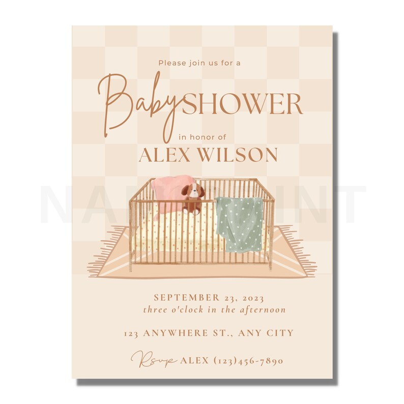May include: A baby shower invitation with a light pink and brown checkered background. The invitation features a cartoon crib with a stuffed animal and blankets. The text reads "Please join us for a Baby Shower in honor of Alex Wilson. September 23, 2023, three o'clock in the afternoon. 123 Anywhere St., Any City. RSVP Alex (123)456-7890."