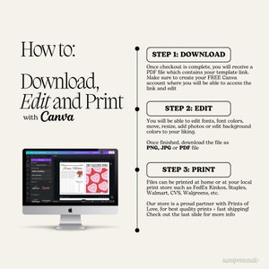 May include: A step-by-step guide on how to download, edit, and print a Valentine's Day printable using Canva. The guide includes three steps: download, edit, and print. The image shows a computer screen displaying a Canva template for a Valentine's Day card.