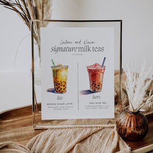 Boba Bar Menü Hochzeitsschild, Signatur Getränkeschild, Milch Tee Bar Menüvorlage, bearbeitbare Bubble Tea Getränkekarte, Hochzeit Bar Tischschild