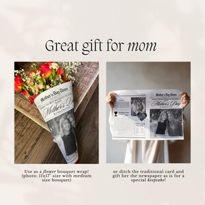 Puede incluir: Un peri&oacute;dico en blanco y negro con el titular "Mother's Day Times" y una foto de dos mujeres. El peri&oacute;dico est&aacute; envuelto alrededor de un ramo de flores. El peri&oacute;dico mide 28x43 cm.