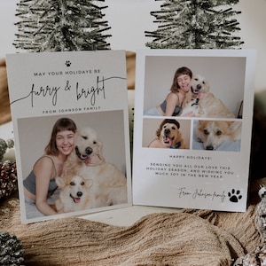 Plantilla de tarjeta fotográfica navideña para mascotas peludas y brillantes, tarjeta fotográfica navideña minimalista para perros, editable con Canva, descarga instantánea