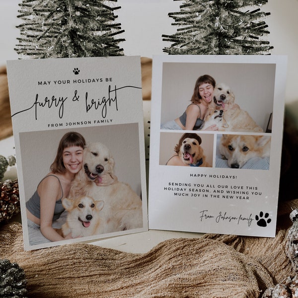 Furry and Bright Pet Christmas Photo Card Template, Minimalist Dog Holiday Photo Card, Editable with Canva, Instant Download