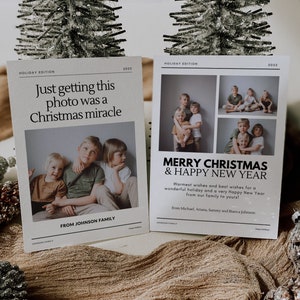 Plantilla divertida y moderna de tarjeta navideña con fotografía familiar minimalista, tarjeta familiar navideña de Noche de Paz, fotos familiares navideñas, editables con Canva
