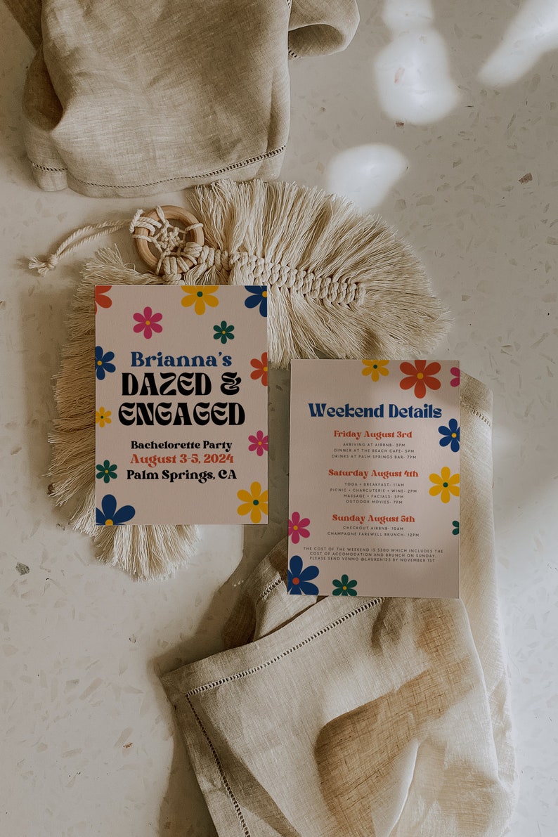 Dazed and Engaged Bachelorette Party Itinerary, Boho Groovy Retro Hen ...