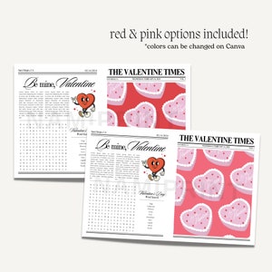 May include: A printable Valentine's Day newspaper template with a red heart character and a word search puzzle. The newspaper has a pink and white heart pattern background. The text on the newspaper reads "Be mine, Valentine" and "The Valentine Times".