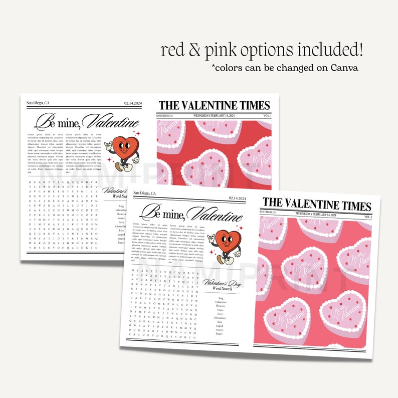 May include: A printable Valentine's Day newspaper template with a red heart character and a word search puzzle. The newspaper has a pink and white heart pattern background. The text on the newspaper reads "Be mine, Valentine" and "The Valentine Times".