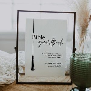 Signo de graduación del versículo bíblico minimalista, resalte su versículo bíblico favorito, signo de graduación del libro de visitas de la Biblia editable, decoración de fiesta de posgrado imprimible