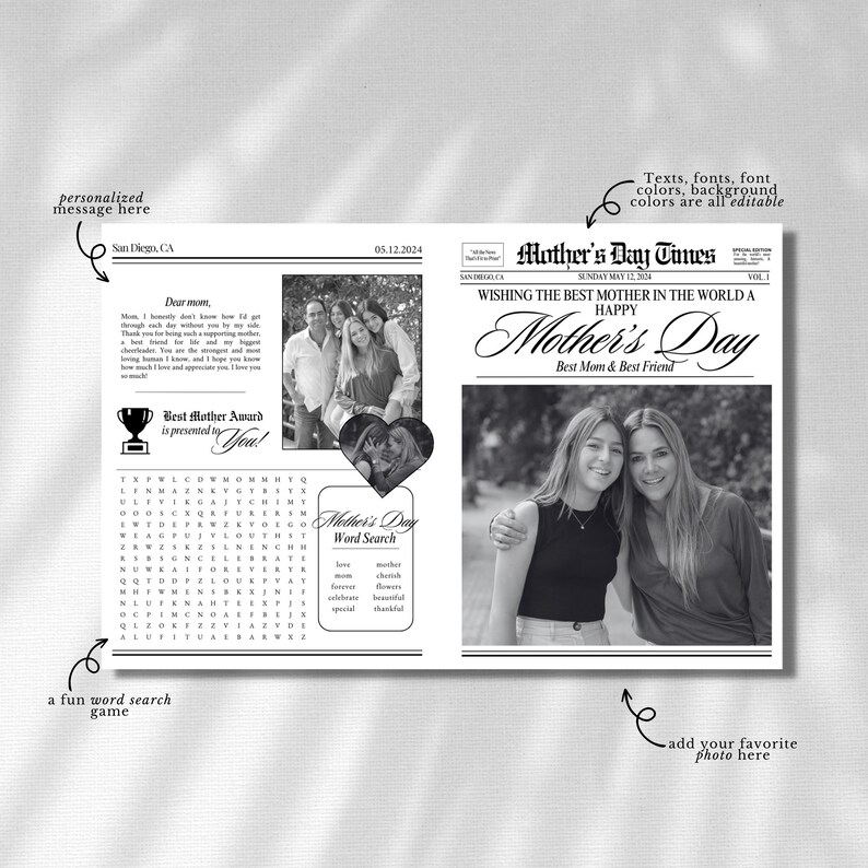 Puede incluir: Un dise&ntilde;o en blanco y negro de estilo peri&oacute;dico con una foto de dos mujeres y el texto "Mother's Day Times" y "Wishing the best mother in the world a happy Mother's Day".