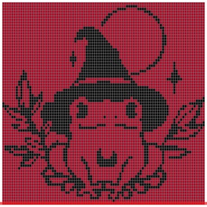 May include: Black and white pixel art of a wizard wearing a pointed hat and holding a staff. The wizard is surrounded by a wreath of leaves.
