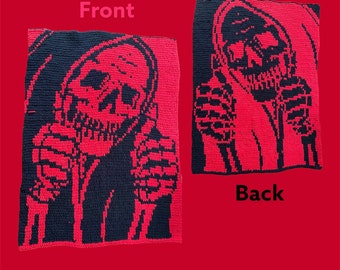 Everything Is Fine Reaper Pattern, Graphghan for finger knitting, skull loop yarn blanket, goth knitting pattern