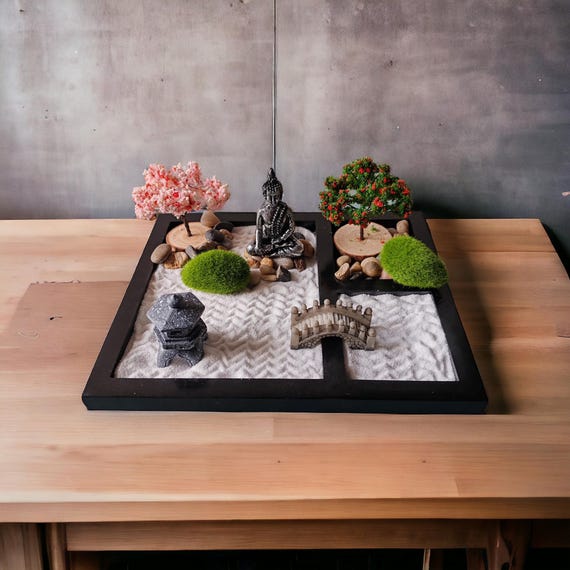ZEN&TAO Classic Japanese Zen Garden Kit, Black Tray With Buddha