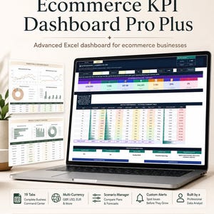 May include: A laptop displaying an Ecommerce KPI Dashboard Pro Plus Microsoft Excel template. The screen shows data tables, charts, and performance metrics. Text includes 19 tabs, multi-currency support, scenario manager, and custom alerts.