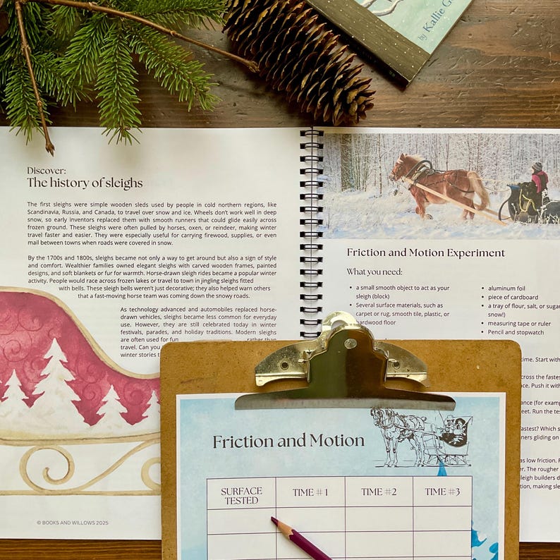 May include: A clipboard with a printed experiment sheet titled "Friction and Motion" sits on a wooden surface. The sheet has a table for recording data. A pencil rests on the table. A book with text about the history of sleighs is also visible.