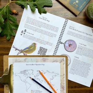 Puede incluir: Un libro abierto con encuadernaci&oacute;n en espiral muestra texto sobre el canto de los p&aacute;jaros y la migraci&oacute;n, junto con un mapa y l&aacute;pices de colores. Una tabla sujeta el mapa, y un libro con el nombre del autor es visible. Tambi&eacute;n hay una ilustraci&oacute;n de un p&aacute;jaro verde.