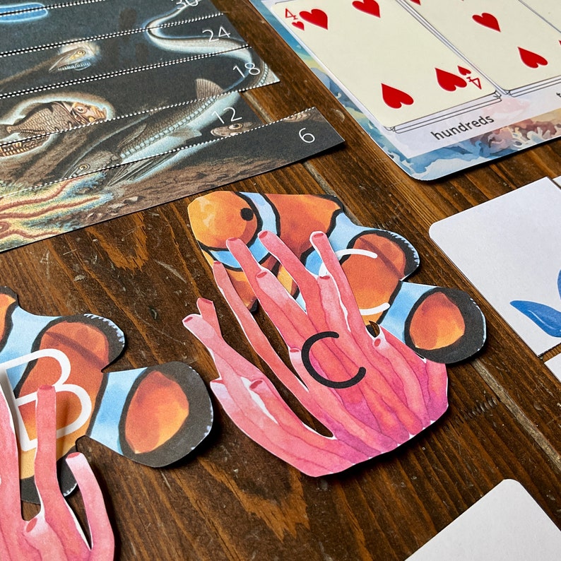Op de afbeelding: Twee kleurrijke vilt uitsnijdingen van clownvissen met de letters B en C erop. De clownvissen zijn oranje en wit met zwarte contouren. De letters zijn zwart. De uitsnijdingen liggen op een houten oppervlak.