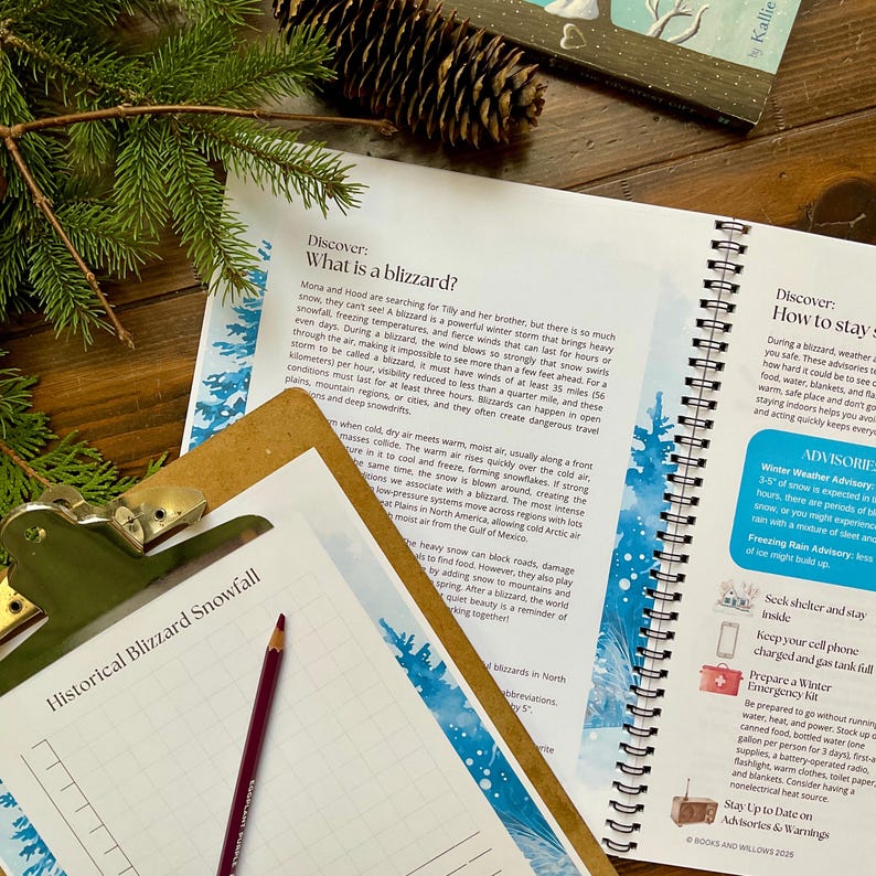 May include: An open book with the title "Discover: What is a blizzard?" and a clipboard with the title "Historical Blizzard Snowfall" are on a wooden surface. A pine cone and evergreen branches are in the background.