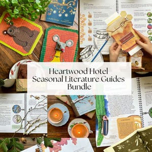 May include: A Heartwood Hotel Seasonal Literature Guides bundle featuring spiral-bound educational workbooks, a hardback book, cardboard animal crafts, and illustrated pages about honey, fireflies, and autumn leaves on a wooden surface.
