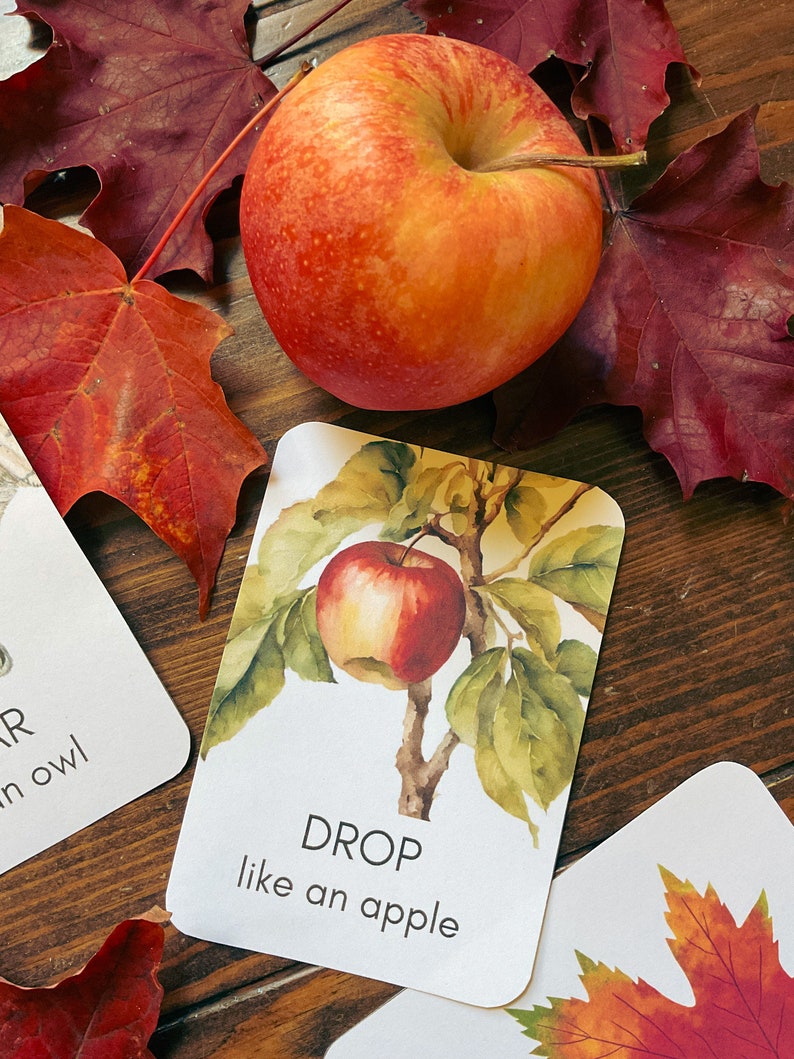 May include: A red and yellow apple rests on a wooden surface, surrounded by red autumn leaves. A card with an apple illustration and the words "DROP like an apple" is also present, suggesting a fall or harvest theme.