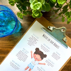 May include: A white and blue illustrated poster with the title "Water in Our Bodies" and a cartoon girl. The poster lists the benefits of water for the body, including keeping us cool, shock absorber, thinking, sliding joints, making saliva and mucus, digestion, and washing away waste.