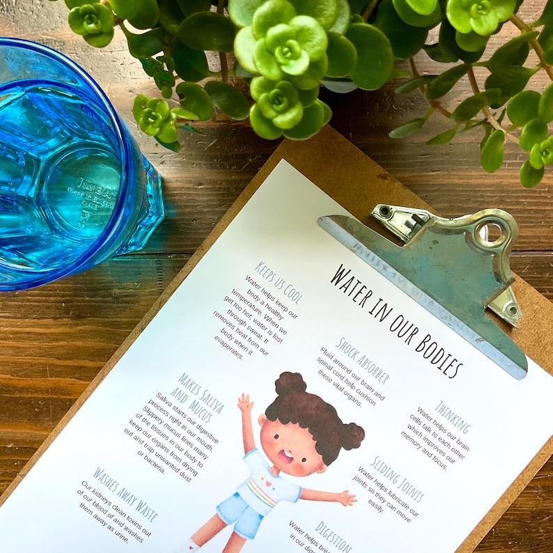 May include: A white and blue illustrated poster with the title "Water in Our Bodies" and a cartoon girl. The poster lists the benefits of water for the body, including keeping us cool, shock absorber, thinking, sliding joints, making saliva and mucus, digestion, and washing away waste.
