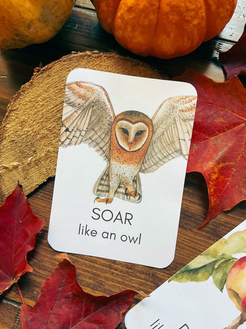 May include: A white card with a watercolor illustration of a barn owl with outstretched wings. The text "SOAR like an owl" is below the image. The card is on a wooden surface with fall leaves and pumpkins.