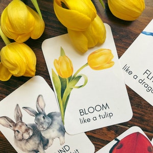 Puede incluir: Un conjunto de tarjetas educativas con ilustraciones coloridas de flores y animales. Las tarjetas tienen texto que dice "Bloom like a tulip" y "Fly like a dragon".