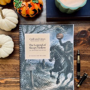 May include: A spiral-bound copybook titled The Legend of Sleepy Hollow by Washington Irving, featuring an illustration of the Headless Horseman. The cover includes the text Quill and Lines Literary Copywork - Cursive by Books and Willows.