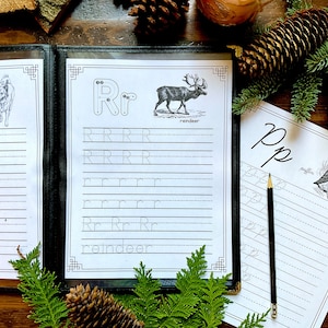 May include: Black and white printable handwriting practice sheets for the letters Q, R, and P. Each sheet features a different animal: a wolf, a reindeer, and a puffin. The sheets include dotted lines for tracing the letters and blank lines for practicing writing.