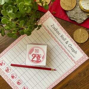 May include: A red and white Chinese zodiac dice with a monkey graphic and the Chinese character for monkey. The dice is on a white sheet of paper with a grid and the text "Zodiac Roll & Graph" and "How many times did you roll each of these zodiac animals?" The paper has a red and white border.