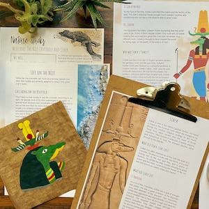 May include: A nature study worksheet about the Nile crocodile and Sobek, the Egyptian god of the Nile. The worksheet includes illustrations of a crocodile and Sobek, along with text about their characteristics and mythology.