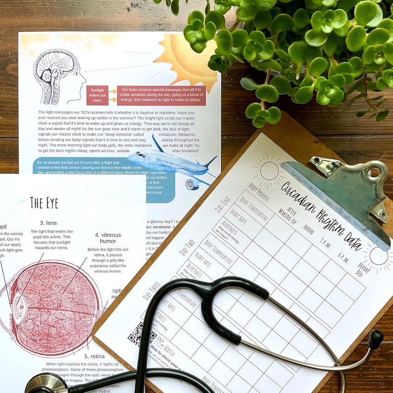 May include: A printable circadian rhythm data chart with a stethoscope and a diagram of the human eye. The chart has sections for recording body temperature, heart rate, alertness, and time of day. The eye diagram shows the lens, vitreous humor, and retina.