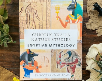 May include: A book cover with a colorful illustration of Egyptian mythology figures. The title is "Curious Trails Nature Studies Egyptian Mythology" by Books and Willows.