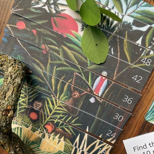 May include: A colorful jungle scene with monkeys, birds, and plants is divided into strips with numbers printed on each strip. The numbers are 18, 24, 30, 36, 42, and 48.
