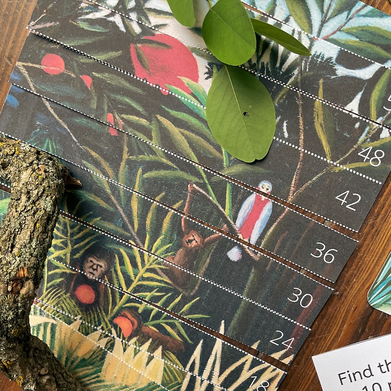 May include: A colorful jungle scene with monkeys, birds, and plants is divided into strips with numbers printed on each strip. The numbers are 18, 24, 30, 36, 42, and 48.